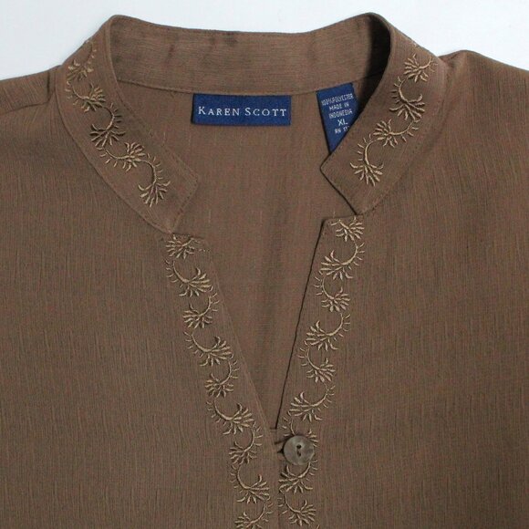 Karen Scott Women's XL Brown Button Down Tunic Top & Decorative Trim - Picture 6 of 11